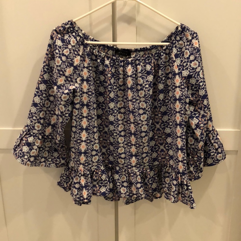 Print off shoulder navy and white pop of orange